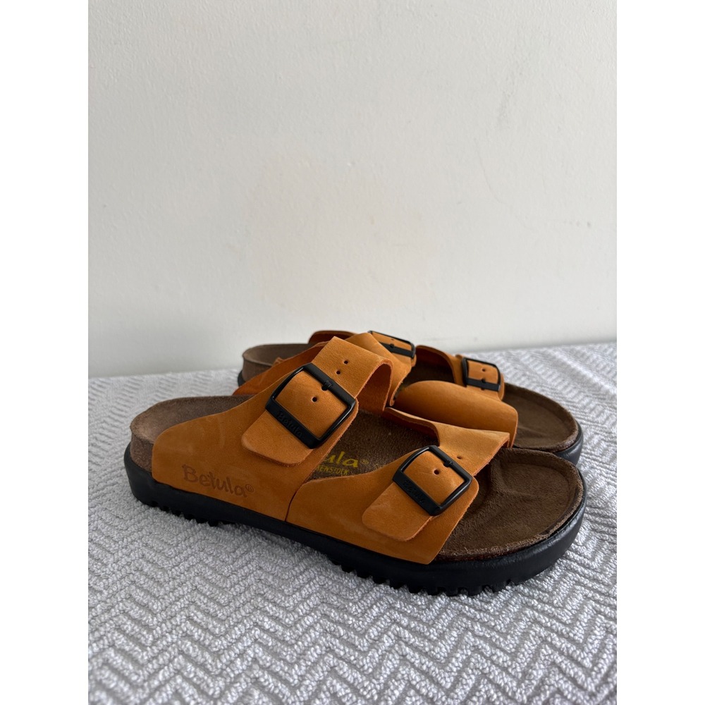 Betula by Birkenstock Women 37 Orange Tan Nubuck Leather 2 Strap Buckle Sandals